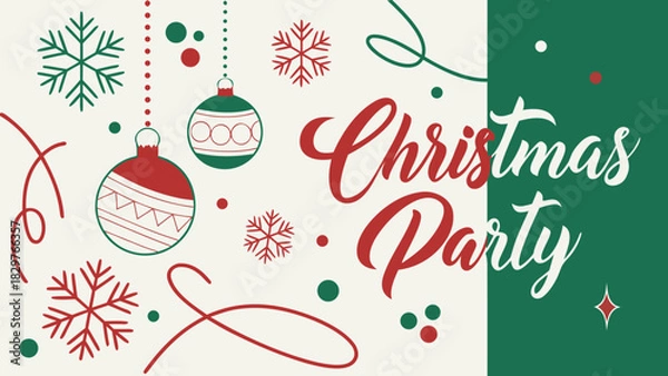 Obraz Merry Christmas and Happy New Year greeting card background with winter snow, festive tree decoration balls, and snowflakes design