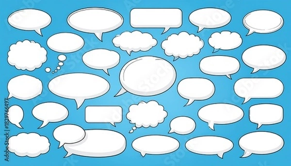 Fototapeta A collection of various comic-style speech bubbles with white interiors and distinct outline. They are on a light blue background