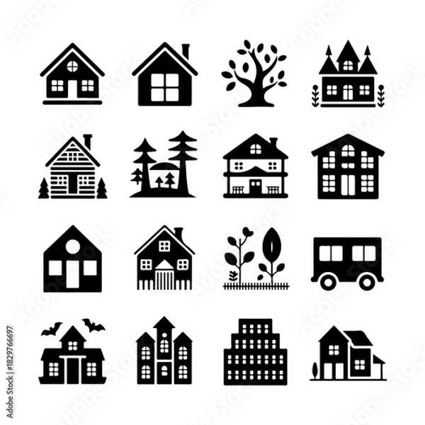 Fototapeta House Icon Set. Vector Design Pack Isolated on White Background. Grunge Stamp Vector Illustration.