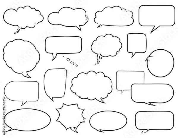 Fototapeta A collection of various empty speech bubbles and thought clouds in a simple black and white line drawing
