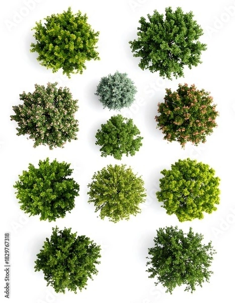Fototapeta A collection of various evergreen bushes and shrubs, viewed from above with soft shadows on a white background
