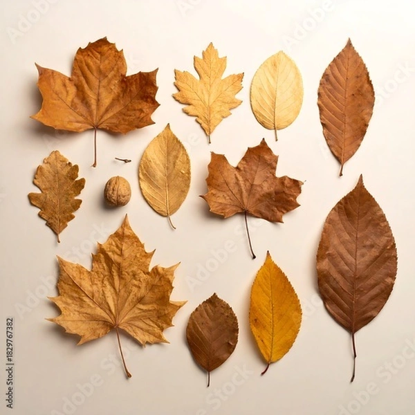Fototapeta A collection of various dried leaves and a single walnut arranged on a neutral beige surface, showcasing autumn colors