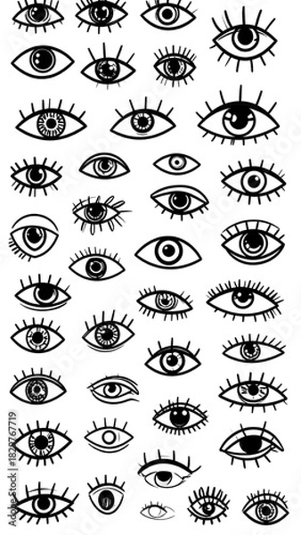 Fototapeta A collection of various eyes are depicted in black and white. The illustrations are in different sizes, shapes, with various eyelashes