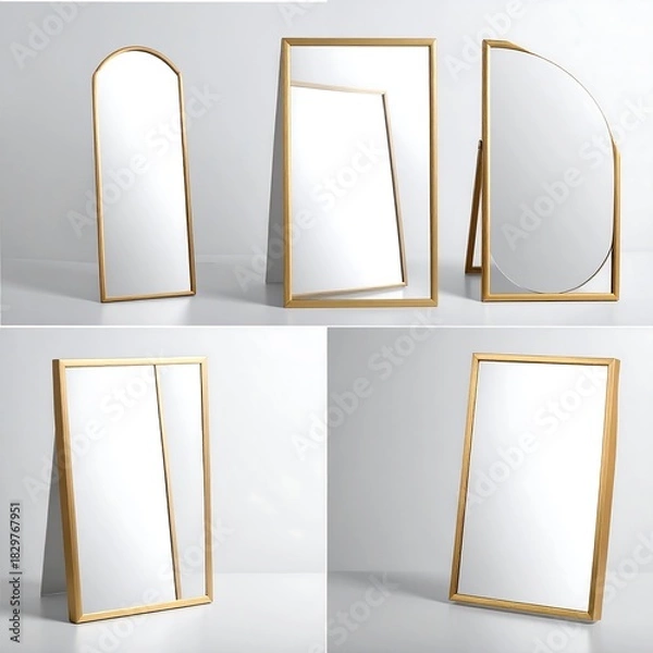Fototapeta A collection of various floor mirrors with golden frames of different shapes and sizes, displayed against a white background