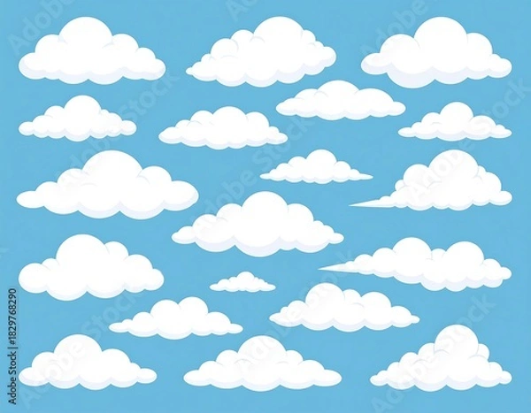 Fototapeta A collection of various fluffy, white clouds against a clean, light blue sky. Different shapes and sizes are depicted
