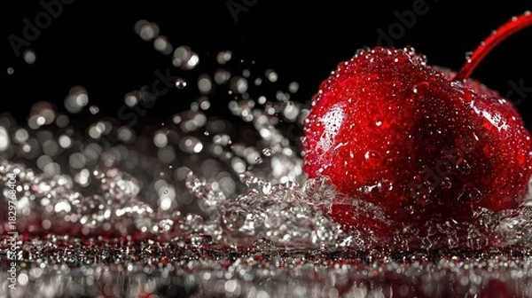 Fototapeta Vibrant Red Cherry with Water Splashes and Bokeh Background for Food Photography, Beverage Ads, or Fruit-themed Designs