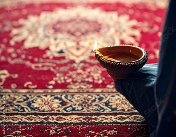 Fototapeta A traditional clay oil lamp glowing brightly held by a person on a vibrant red patterned carpet