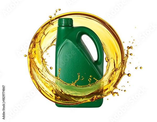 Fototapeta  Green Engine Oil Container with Floating Ring of Golden Liquid, Artistic Composition, Isolated on White Background.