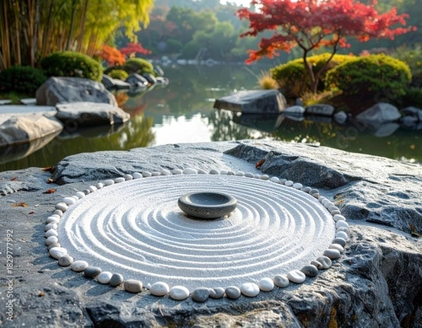 Fototapeta Serene Japanese Zen Garden with Raked Sand and Reflective Pond Landscape Capturing Peace