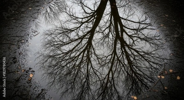 Fototapeta Bare Tree Branches Reflected in a Puddle reflection