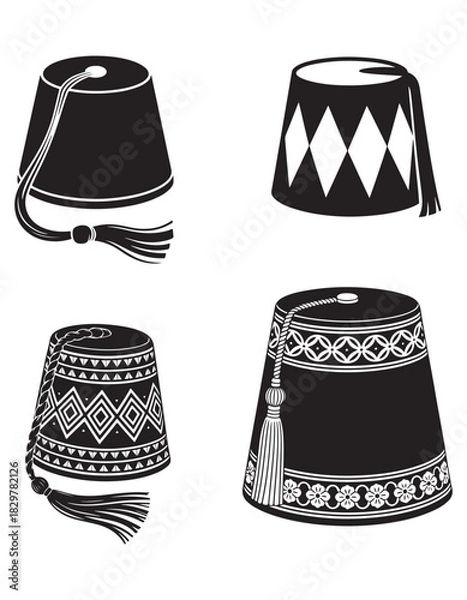 Fototapeta Fez Hat Silhouette Vector Pack with Decorative Tassel Designs.