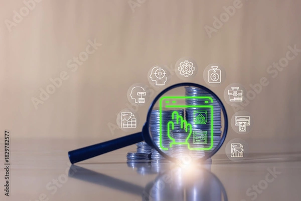 Fototapeta Magnifying glass highlighting digital finance and investment icons over stacked coins, symbolizing online banking, financial growth, and data analysis.