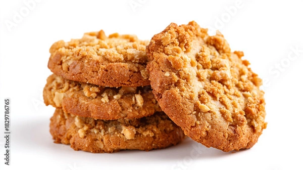 Fototapeta Stack of four peanut butter cookies on a white background in close up view