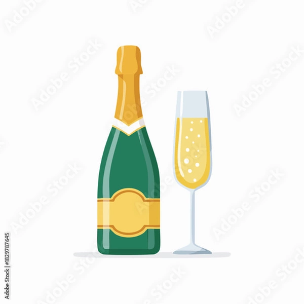 Obraz Flat Design Champagne Bottle and Glass Icon