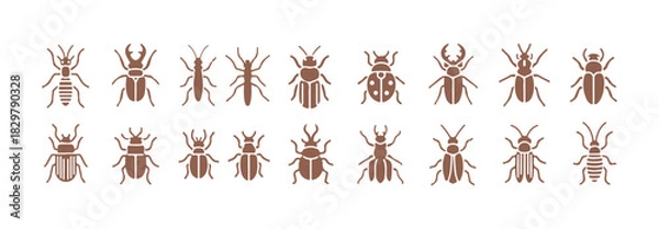 Fototapeta A solid icon collection of insects, featuring bugs, beetles, and termites. These insect silhouettes are designed as glyph-style symbols for web and app use. Vector graphics set