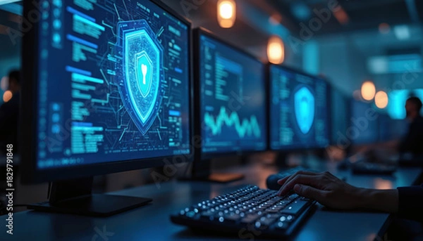 Fototapeta Multiple computer monitors display digital shield icons and data graphs in a modern office. A hand types on a keyboard near glowing screens. Cyber security and network protection concept.