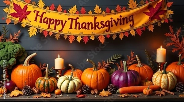 Obraz Autumn Harvest display featuring pumpkins of various sizes, ornamental vegetables, dried leaves, and handcrafted decorations on a dark wooden background