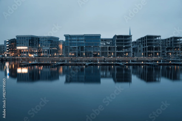 Fototapeta Modern Port Development Reflection at Dusk