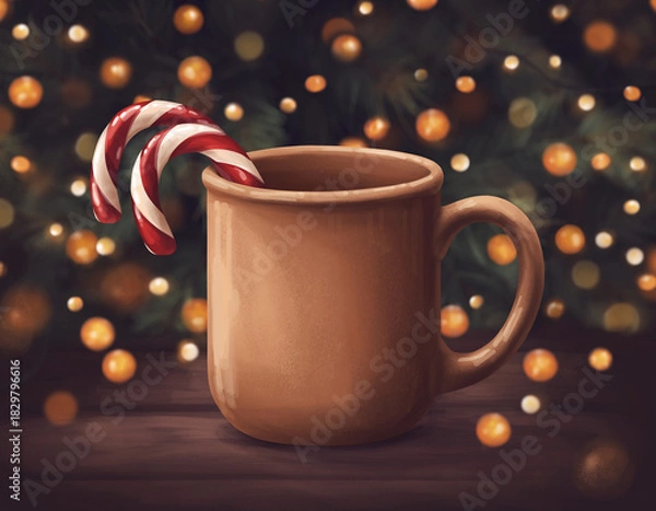 Fototapeta Mug with Candy Cane & Lights Bokeh