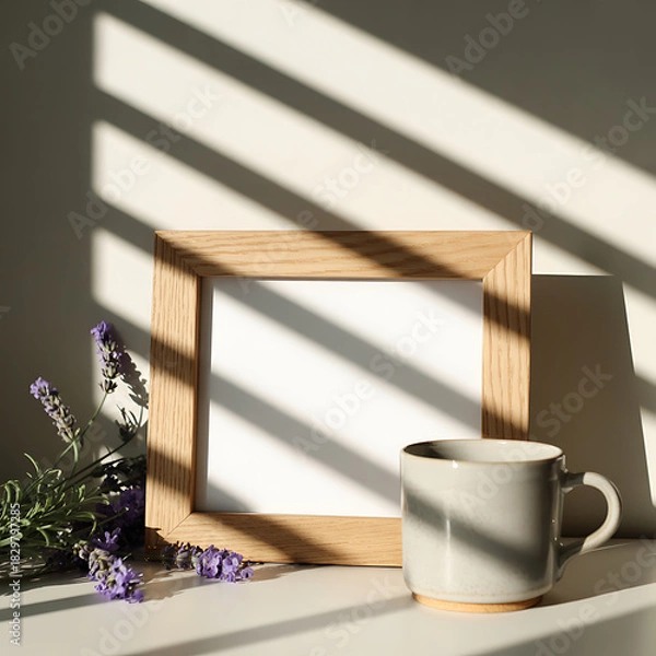 Obraz Cozy morning scene with blank photo frame and coffee cup bathed in sunlight