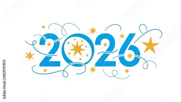 Fototapeta Decorative blue 2026 text with golden stars and elegant swirls on a white background, symbolizing new year or future celebration.
