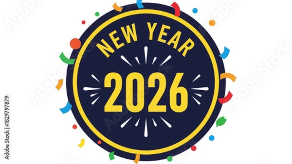 Fototapeta New Year 2026 celebration design with confetti and a circular badge.