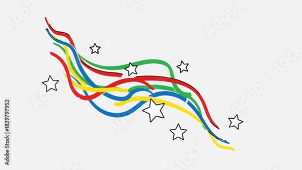 Fototapeta A dynamic abstract design featuring colorful wavy lines and scattered stars on a light gray background.