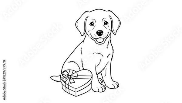 Fototapeta A cute puppy sitting next to a heart-shaped box of chocolates, line art.