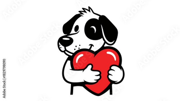 Fototapeta A cartoon dog with black patches on its eyes and ears is hugging a large red heart.