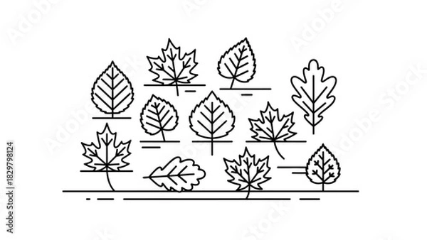 Fototapeta A collection of various tree leaves, such as maple and oak, depicted in a minimalist black and white line art style.