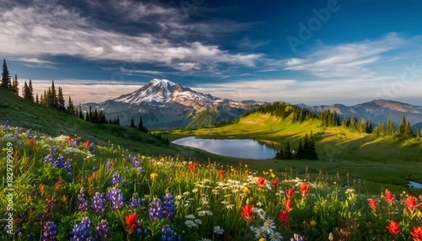Obraz Alpine Bloom: Breathtaking Landscape of Vibrant Summer Wildflowers with a Majestic Snow-Capped Mountain and Reflective Lake