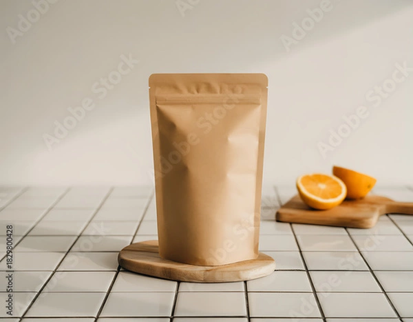 Obraz Blank kraft paper stand up pouch packaging with fresh orange slices on wooden board