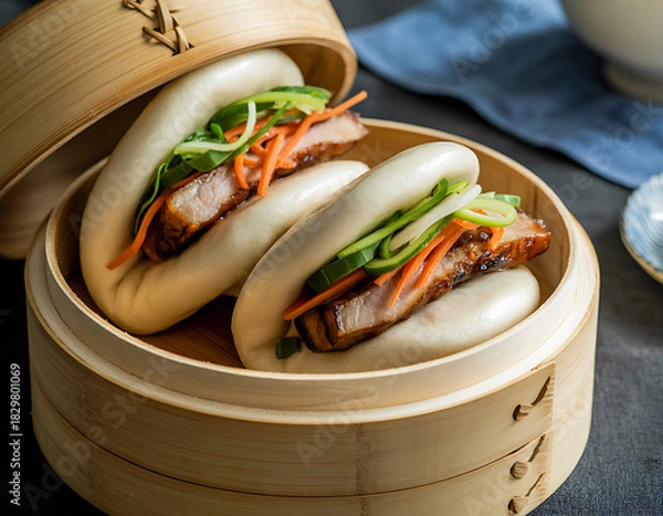Obraz Delicious steamed gua bao buns filled with pork and fresh vegetables in a bamboo steamer