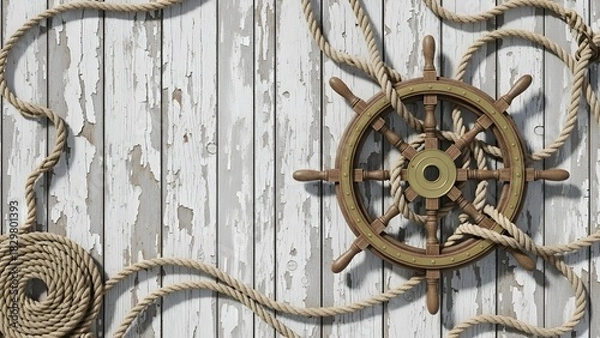 Obraz Weathered Wood Planks and Ship’s Wheel with Ropes – Rustic Maritime Texture