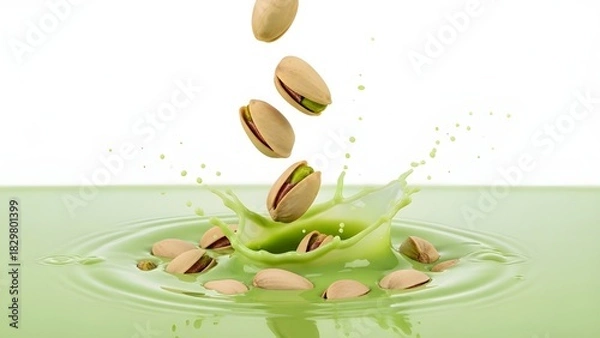 Obraz Pistachios Splashing into Creamy Green Pistachio Milk – Plant-Based Nutrition Concept