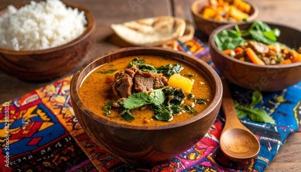 Obraz Delicious and colorful meal with various dishes in wooden bowls