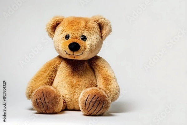 Fototapeta Adorable Light Brown Plush Teddy Bear Sitting Upright on White Background with Fluffy Fur and Friendly Expression