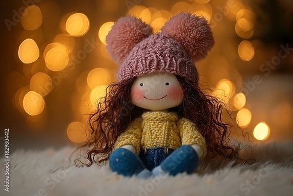 Fototapeta Adorable Curly-Haired Doll in Pink Pom-Pom Hat and Yellow Sweater Sitting on Fluffy Surface with Warm Lights and Cozy Holiday Vibes