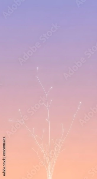 Fototapeta Abstract image of a delicate, stylized plant silhouette against a soft gradient background of purple, pink, and peach.