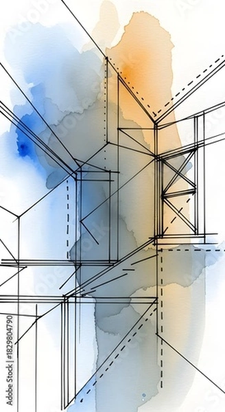 Fototapeta Abstract architectural sketch with linear perspective drawing overlaid on watercolor washes in shades of blue, gray, and orange.
