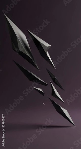 Fototapeta Abstract composition of sharp, angular, dark gray geometric shapes floating in a vertical arrangement against a dark purple background.
