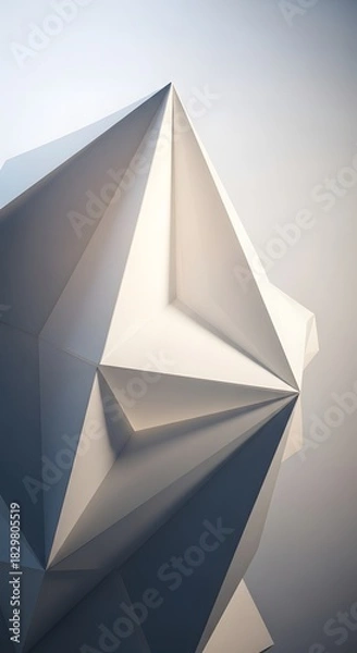 Fototapeta Abstract geometric sculpture with sharp edges, triangular facets, and subtle shadows against a blurred, neutral background.