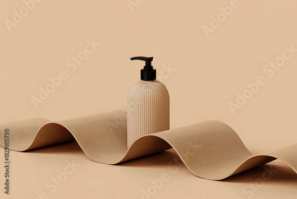 Obraz Minimalist beige bottle with black pump dispenser on a wavy brown paper ribbon