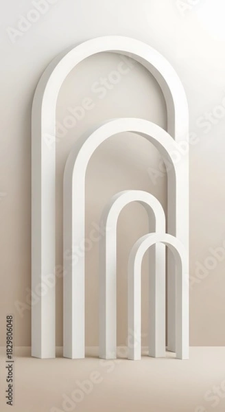 Obraz A minimalist composition featuring four white, nested arches of varying sizes, arranged against a neutral beige background, creating a sense of depth and geometric harmony.
