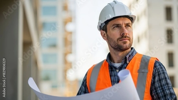 Fototapeta A professional male construction worker or engineer stands outdoors at a building site, holding a large rolled-up blueprint. He is wearing a white hard hat, an orange high-visibility safety vest, and 