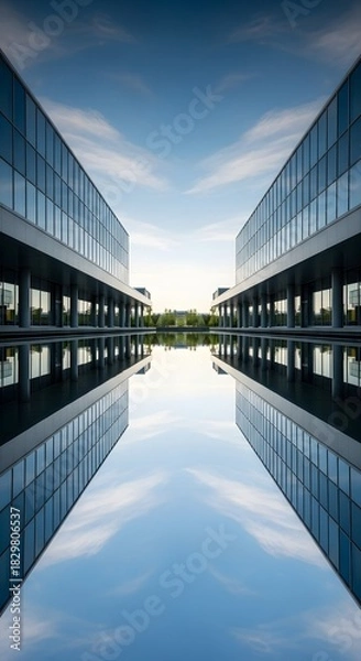 Fototapeta Symmetrical view of two modern office buildings reflected in calm water under a bright blue sky with scattered clouds.