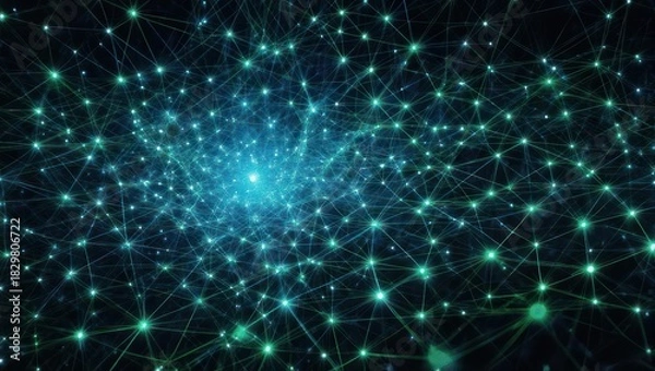 Fototapeta Abstract image depicts a luminous network of interconnected points and lines, glowing in the dark