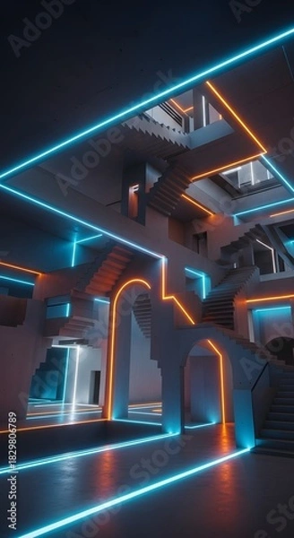 Fototapeta Abstract architectural space featuring white structures with stairs and arches illuminated by blue and orange neon lights.