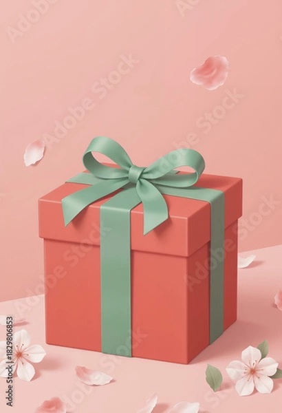 Obraz red gift box with green ribbon