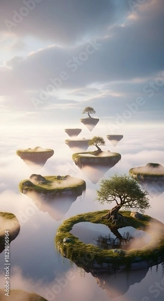 Fototapeta Floating islands with trees hover amidst a sea of clouds, creating a surreal and ethereal landscape.